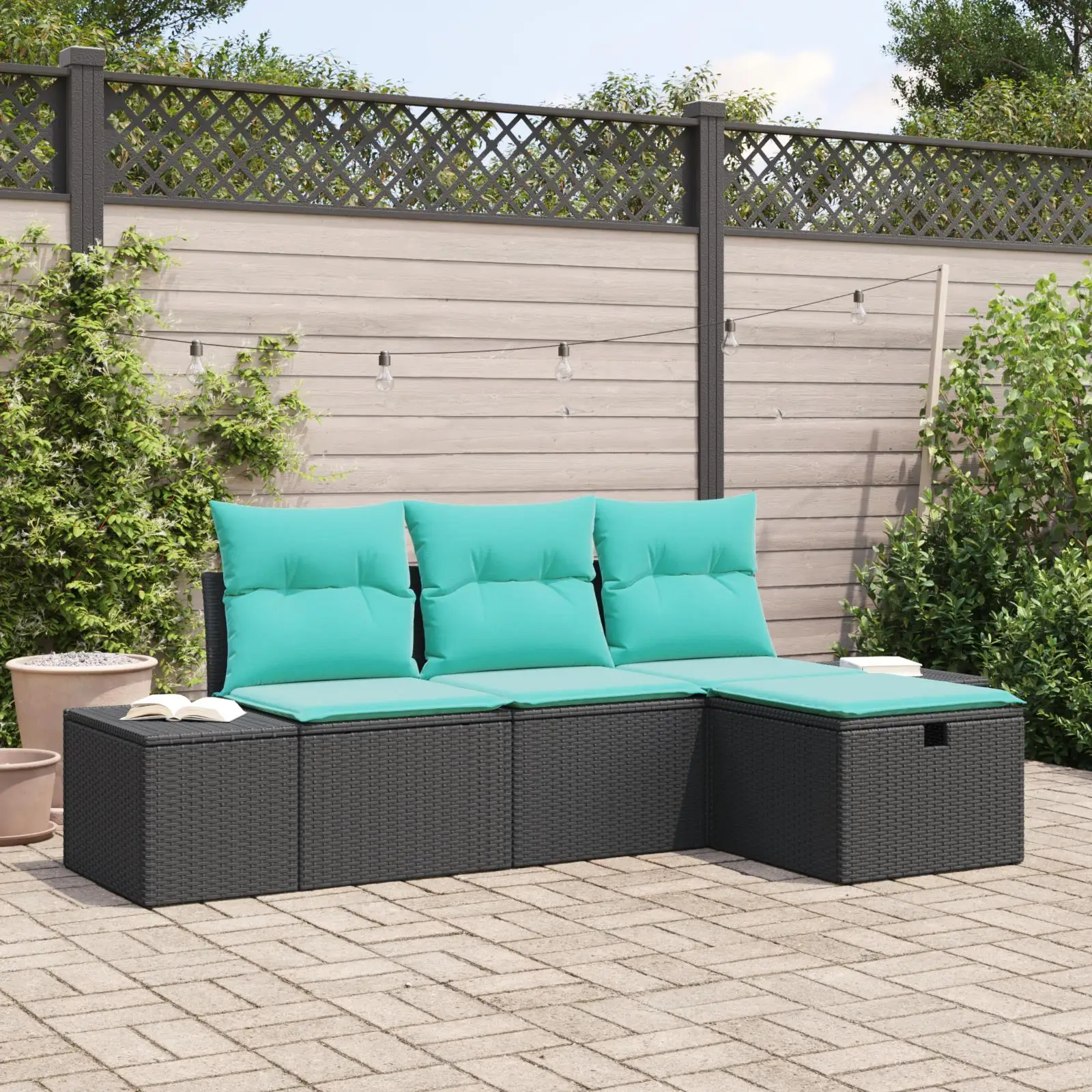 

4 Piece Outdoor Rattan Sofa Set with Cushions Black Wicker Furniture Garden Patio Seating