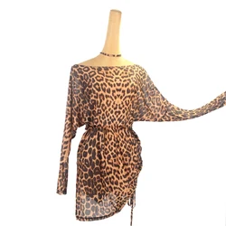Latin Dance Clothes Women Long Sleeves Leopard Dress Sexy Drawstring Dress Adult Rumba Salsa Dance Practice Clothing DNV21618