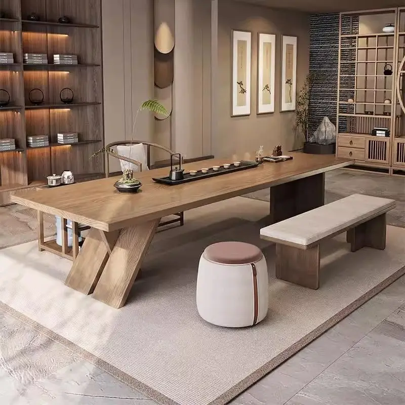 Chinese living room solid wood, large board log table and chair combination modern tea table office