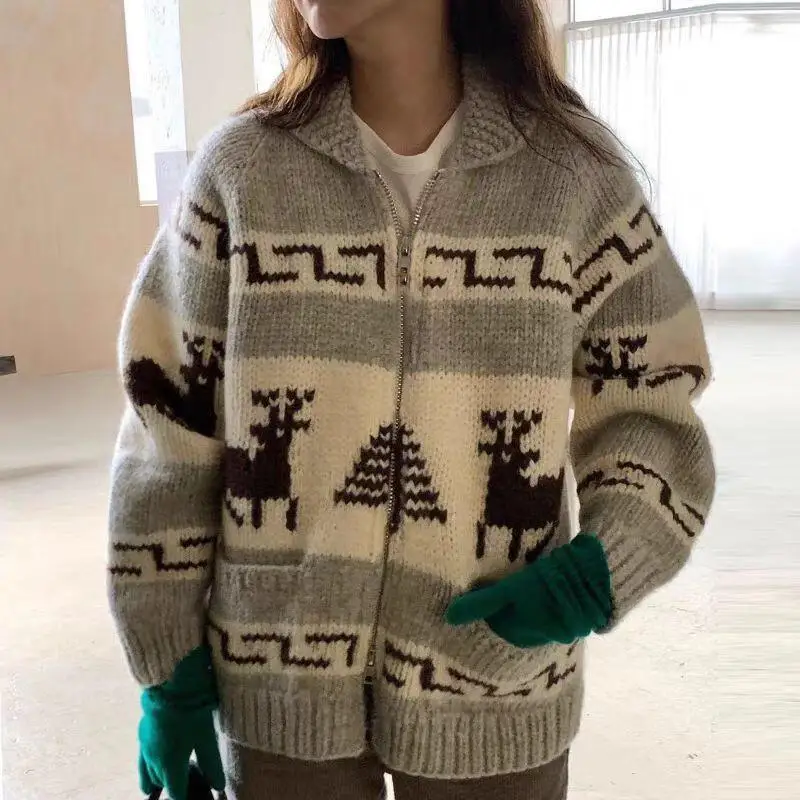 Korean Chic Christmas Knitted Cardigan Women Double Zipper Jacquard Pattern Lapel Sweater Autumn Winter Fashion Outerwear