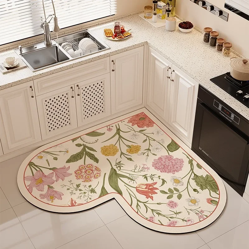 Kitchen Heart-shaped Carpet American Floral Pattern Water-absorbent Quick-drying Large Size Floor Mat Diatom Mud Non-slip Rug