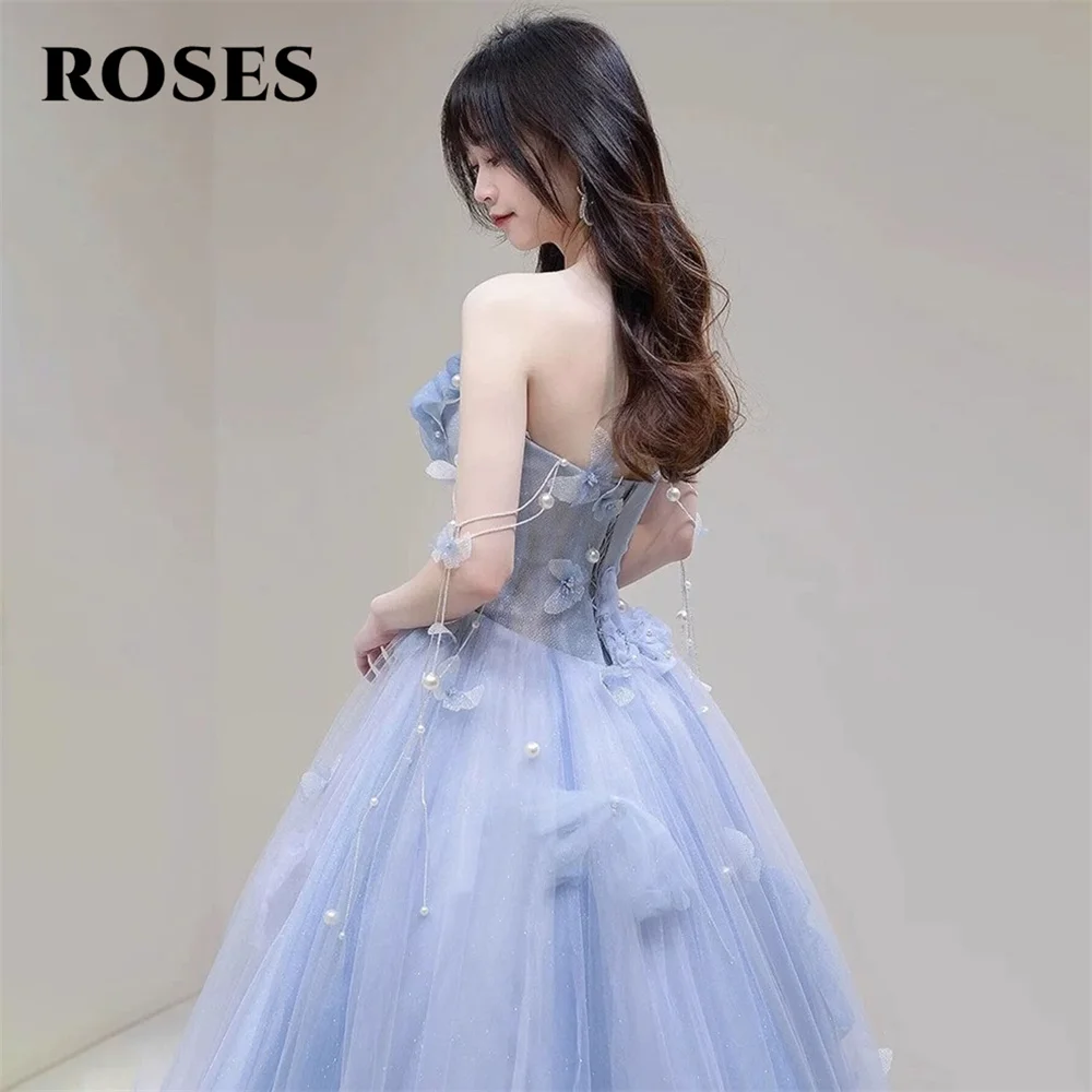 ROSES Blaue, elegante, schöne Ballkleider, Tüll, herzförmiges formelles Kleid mit Falten, A-Linie, Abendkleider für Damen, individuell gestaltet