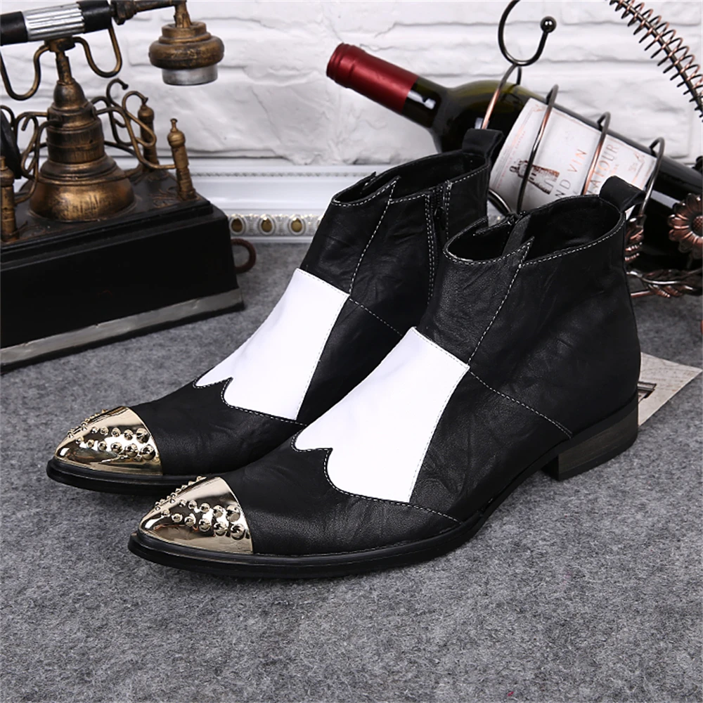 

Black White Patchwork With Metal Zipper Genuine Leather High Heels Pointed Toe Boots Male Plus Size Party Business Dress Shoes