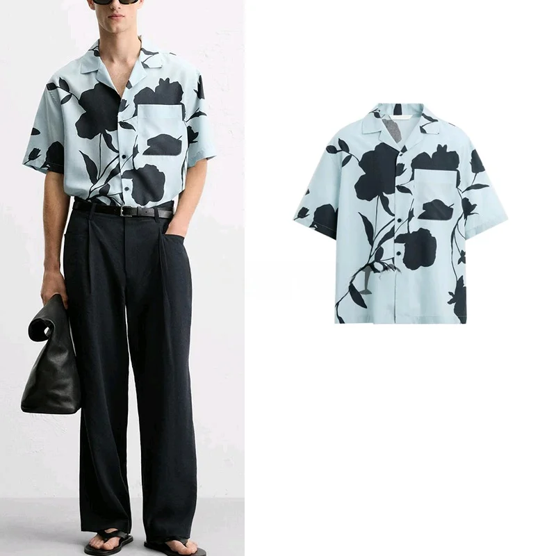 

Faionable Summer Men's irt Floral Print Bowling Collar Loose Fit ort Sve Cuba Collar Casual Wear Youth Summer irt
