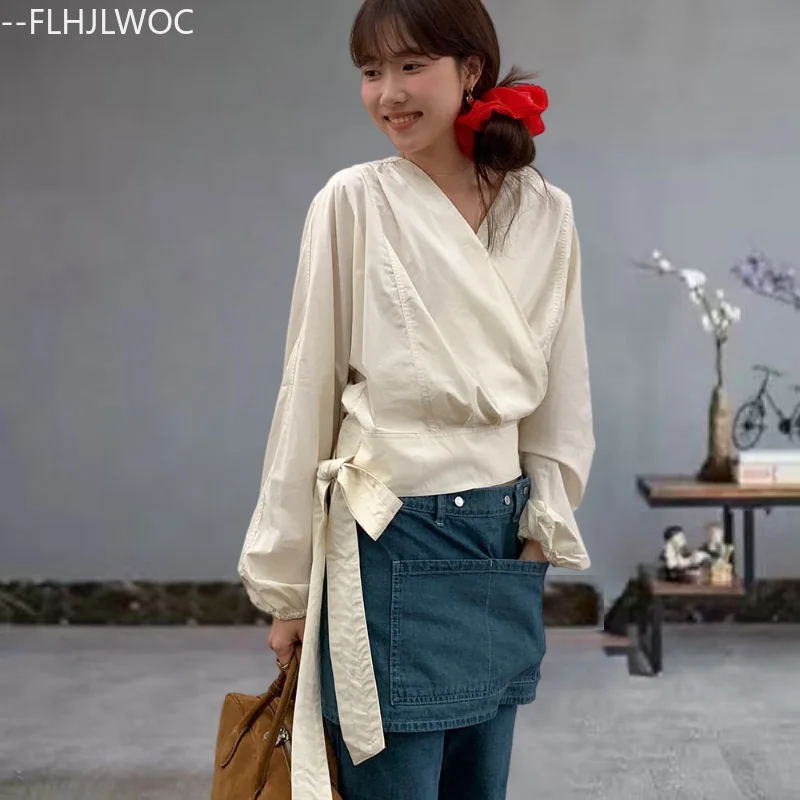

Cotton Shirts Lace-Up Bow Tie Peplum Tops Cute Sweet Japan Girls Retro Solid V Neck Chic Y2K Design Short Blouses