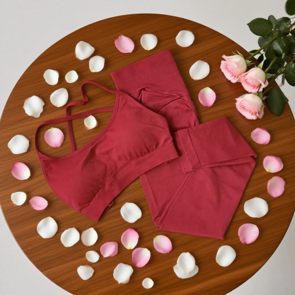 

More 2025 Solid Color Yoga Set for Women with A Strap Yoga Cross Bra Top and Seamless Workout Leggings A Pilates Two-piece Set