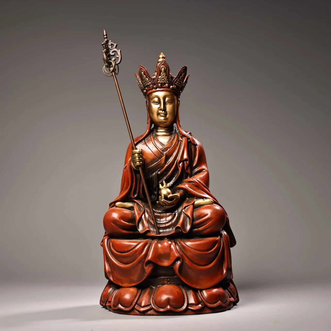 

11"Old Nepalese temples Old Bronze Gilded High Relief Ksitigarbha Bodhisattva Sitting Buddha Amitabha Worship Hall