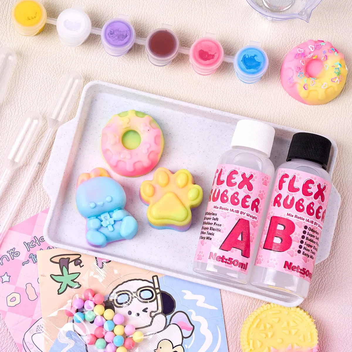 Taba Squishy Maker Kit Flex Rubber AB Set Cat Paw Bear Donut Silicone Mold Stress Relief Squishies Craft Making for Adult Beginn view 4