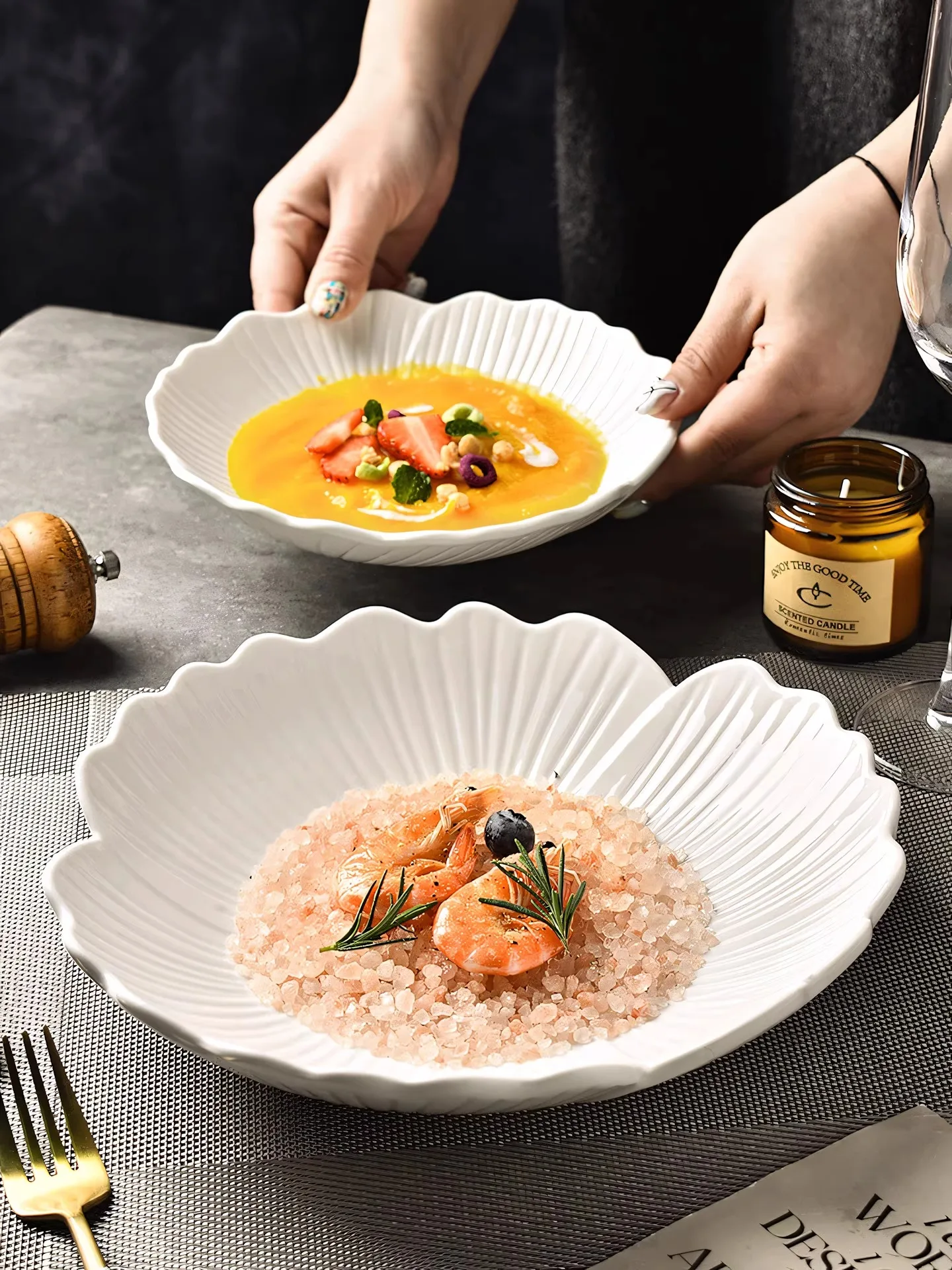 

Ceramic Pure Color High-End Soup Bowl Shallow Bowl Deep Plate Flower Type Fruit Bowl Salad Bowl Vegetable Plate Western Food