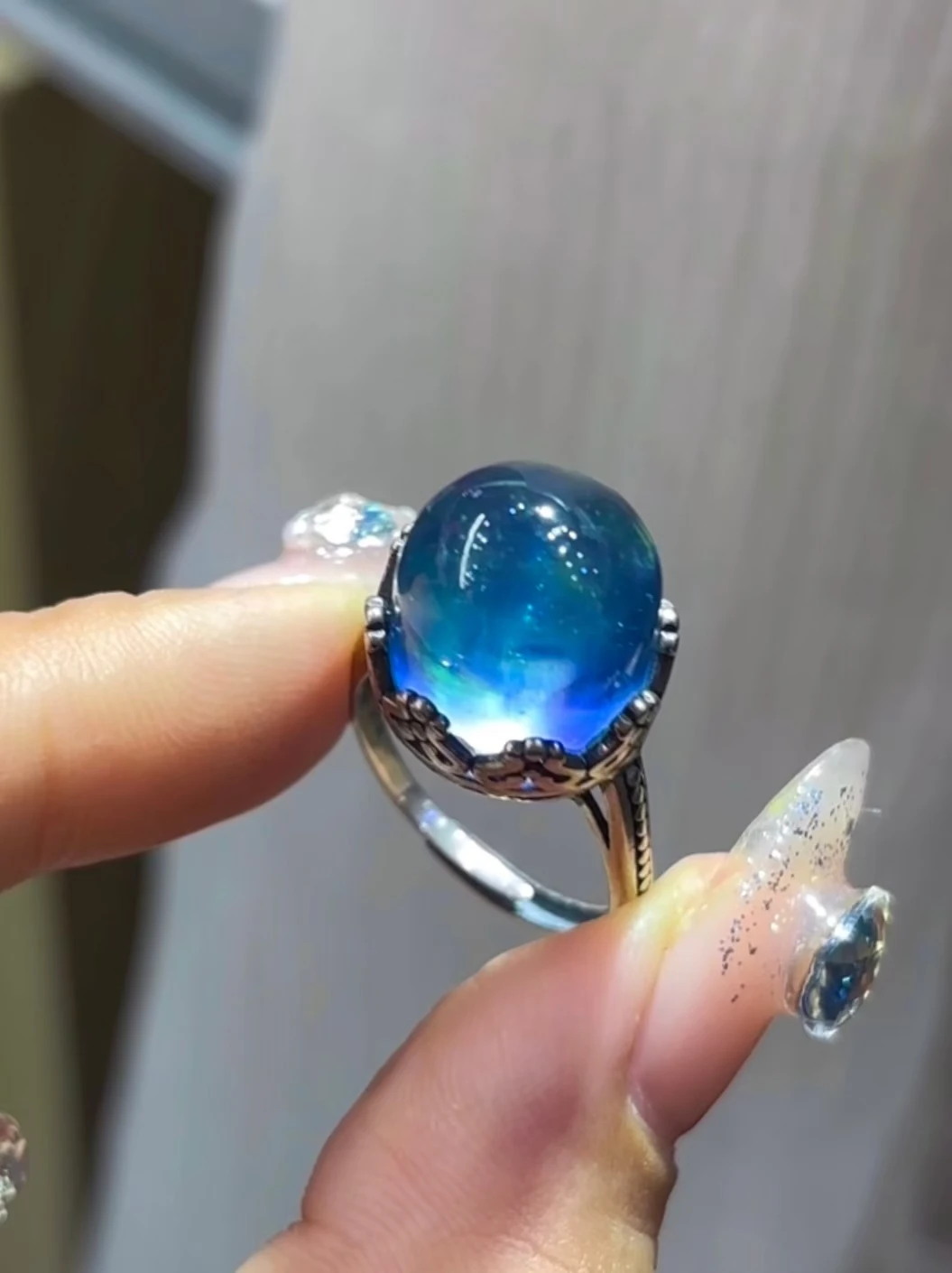 Natural Blue Aquamarine Crystal Dragon Adjustable Ring 15mm Silver Aquamarine Ring Fashion AAAAAA