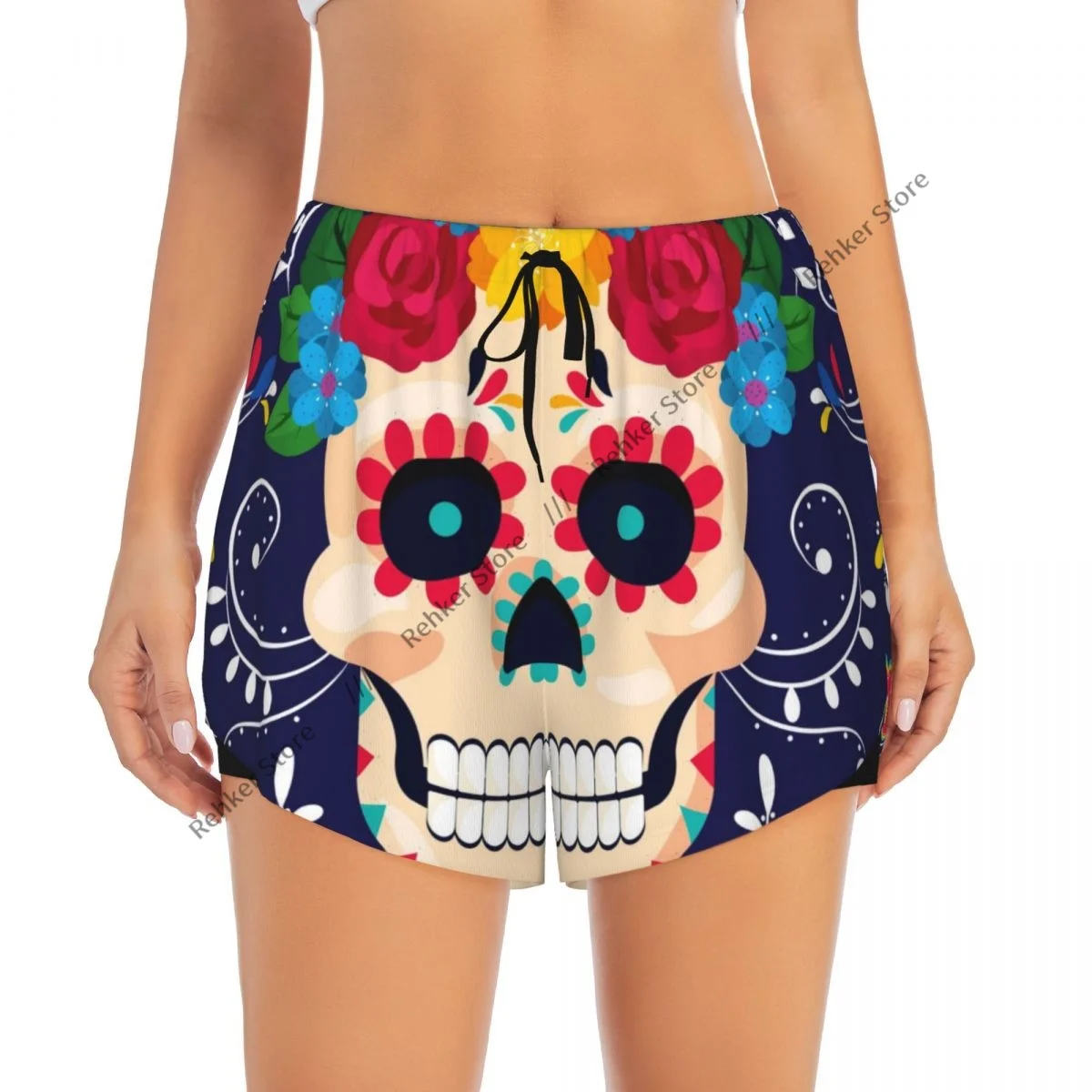 운동 반바지 여성 피트니스 빠른 건조 더블 레이어 반바지 해골 꽃 멕시코 운동 요가 짧은 바지 체육관 레깅스