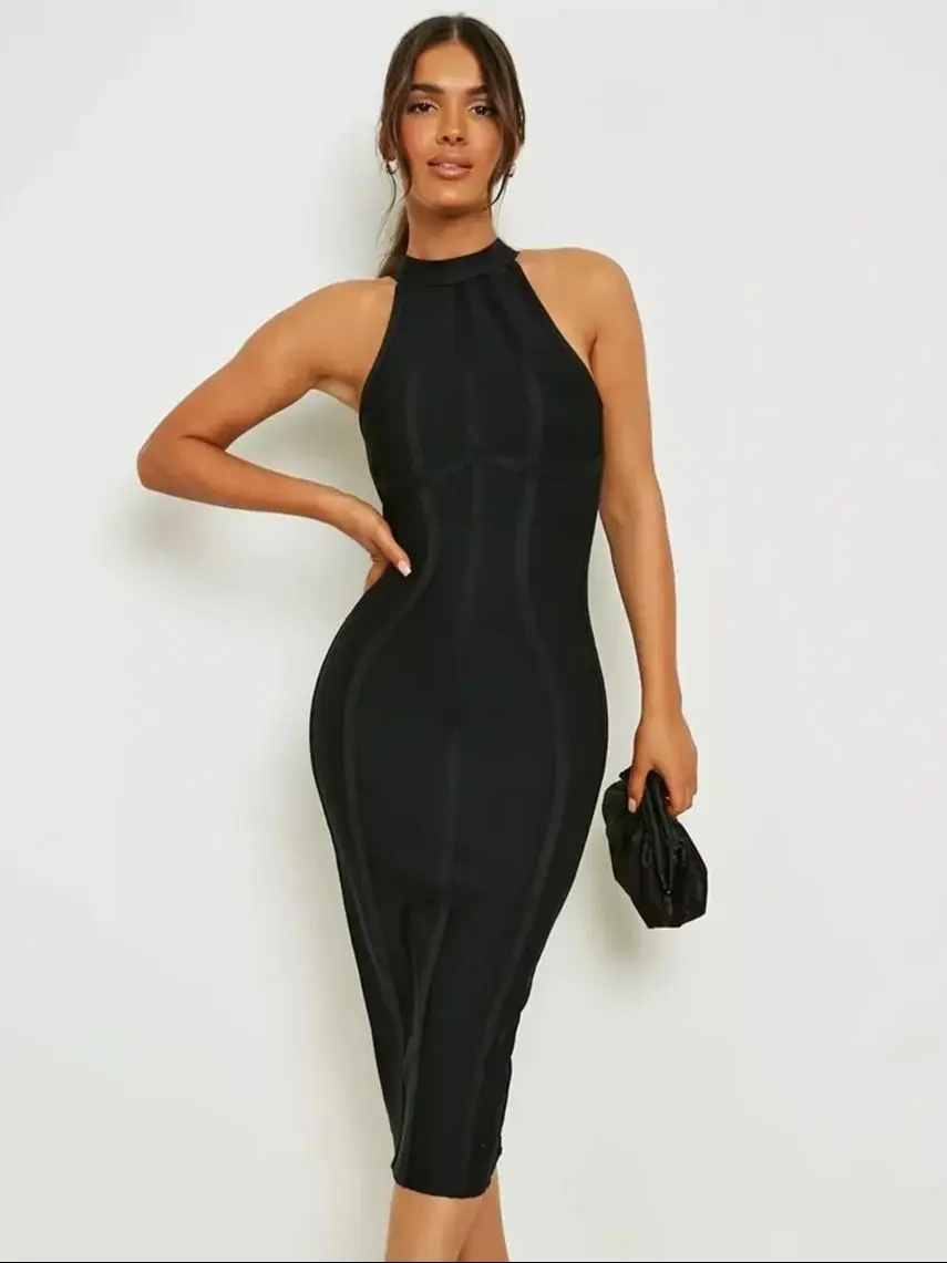 WillBeNice Black Sleeveless Sexy Vintage Classic Bandage Long Dress Runway High Neck Elegant Elastic Knitted Bodycon Party Dress