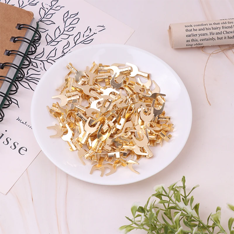 100Pcs U-Shaped Brass Fork Terminal 3.2/4.2/5.2/6.2mm Cable Grounding Lug Bare Press Butt Docking Connector