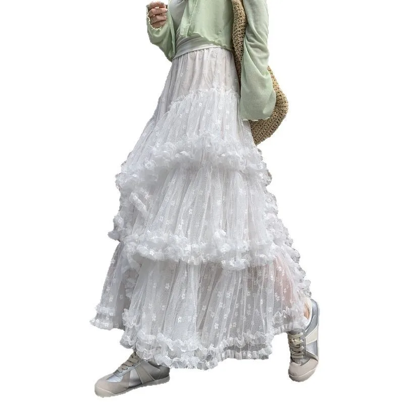 กระโปรง Midi ตาข่ายสีขาวสําหรับผู้หญิงสายเอวสูงกระโปรง Tulle ชั้นบาน