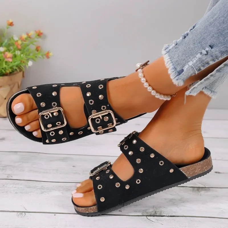 2024 High Quality Women\'s Buckle Slippers Slip-on Open Toe Flat with Non-slip Casual Summer Ladies Beach Slippers Large Size