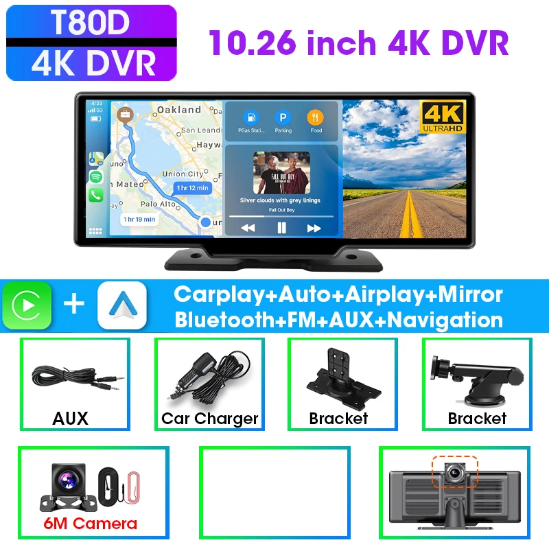 Srnubi 7/10.26 "draadloos Carplay-scherm voor auto, Android Auto Dash Cam 4K auto DVR, 1080P achteruitrijcamera, navigatie videorecorder, AUX