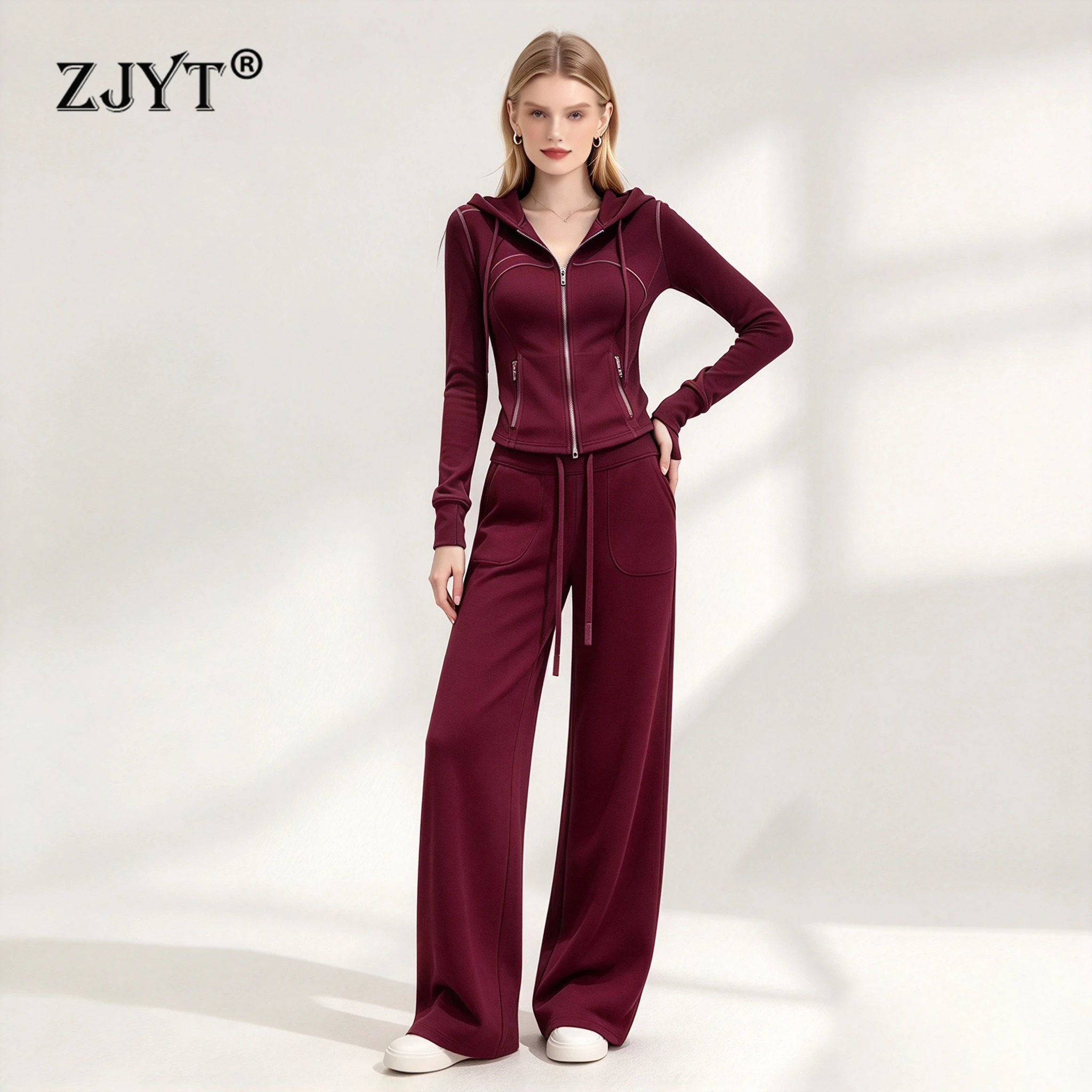 ZJYT Autumn Women's Sporty Suit Fashion Long Sleeve Hooded Top and Pant 2 Piece Matching Sets Casual Street Style Outfit Red