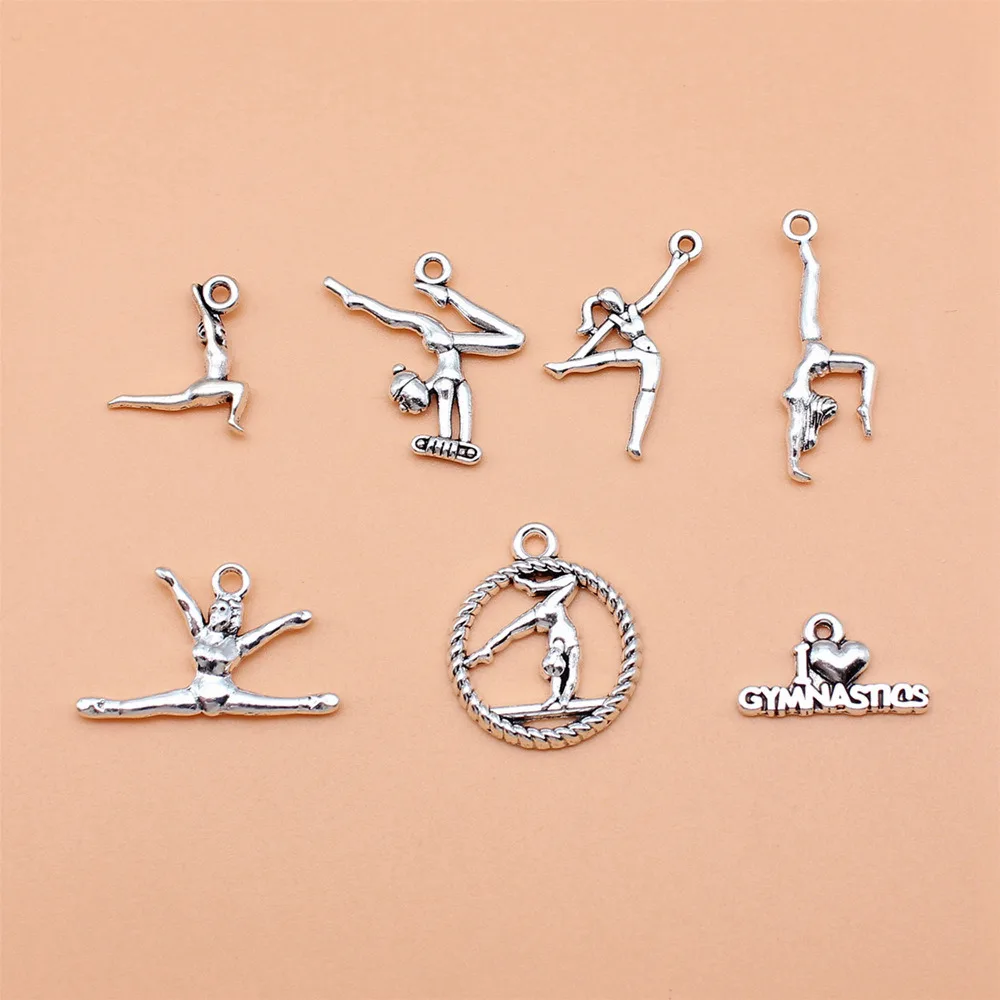 7pcs/lot Antique Silver Color Gymnastics Charms Collection For Jewelry Making Pendant