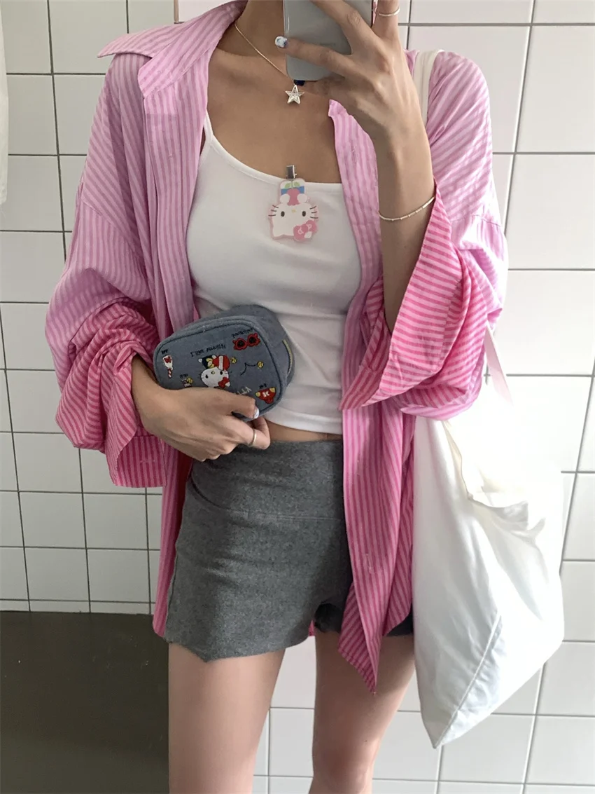 Alien Kitty Pink Loose Tie-Dying Shirts Women Stripes Full Sleeve Autumn Office Lady Slim Casual Streetwear Sunscreen Coats