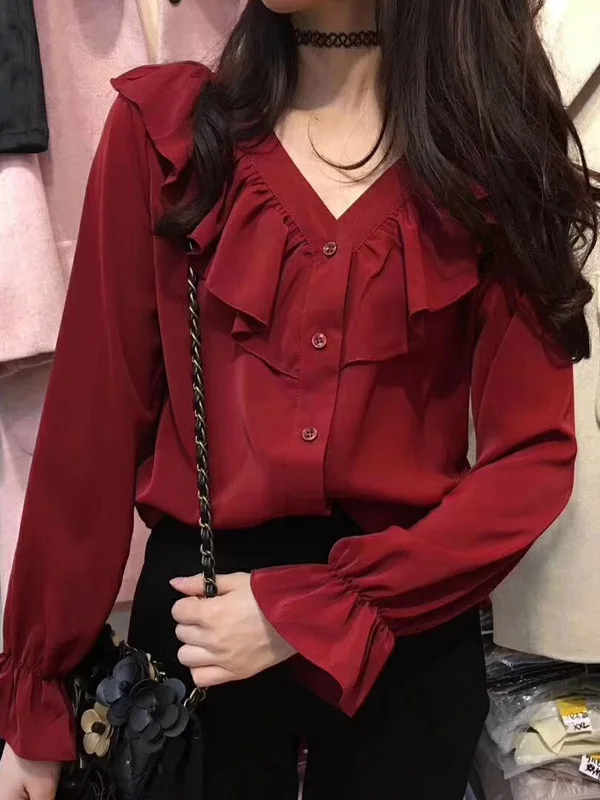 

Женская приталенная блузка с длинным рукавом и V-образным вырезом, с оборками по низу, из тонкого охлаждающего материала, летняя мода