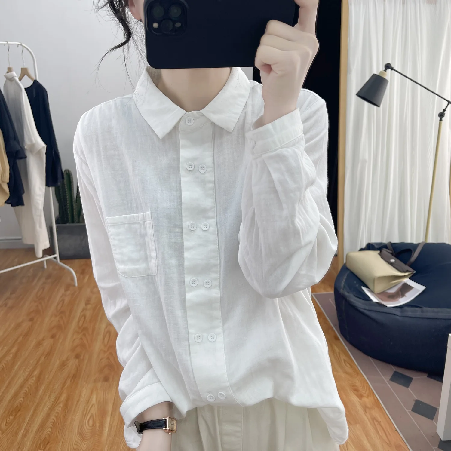 

2024 Women's Spring Autumn New Double-breasted Shirts Female Long Sleeve Cotton Shirt Ladies Loose Solid Color Blouses J115