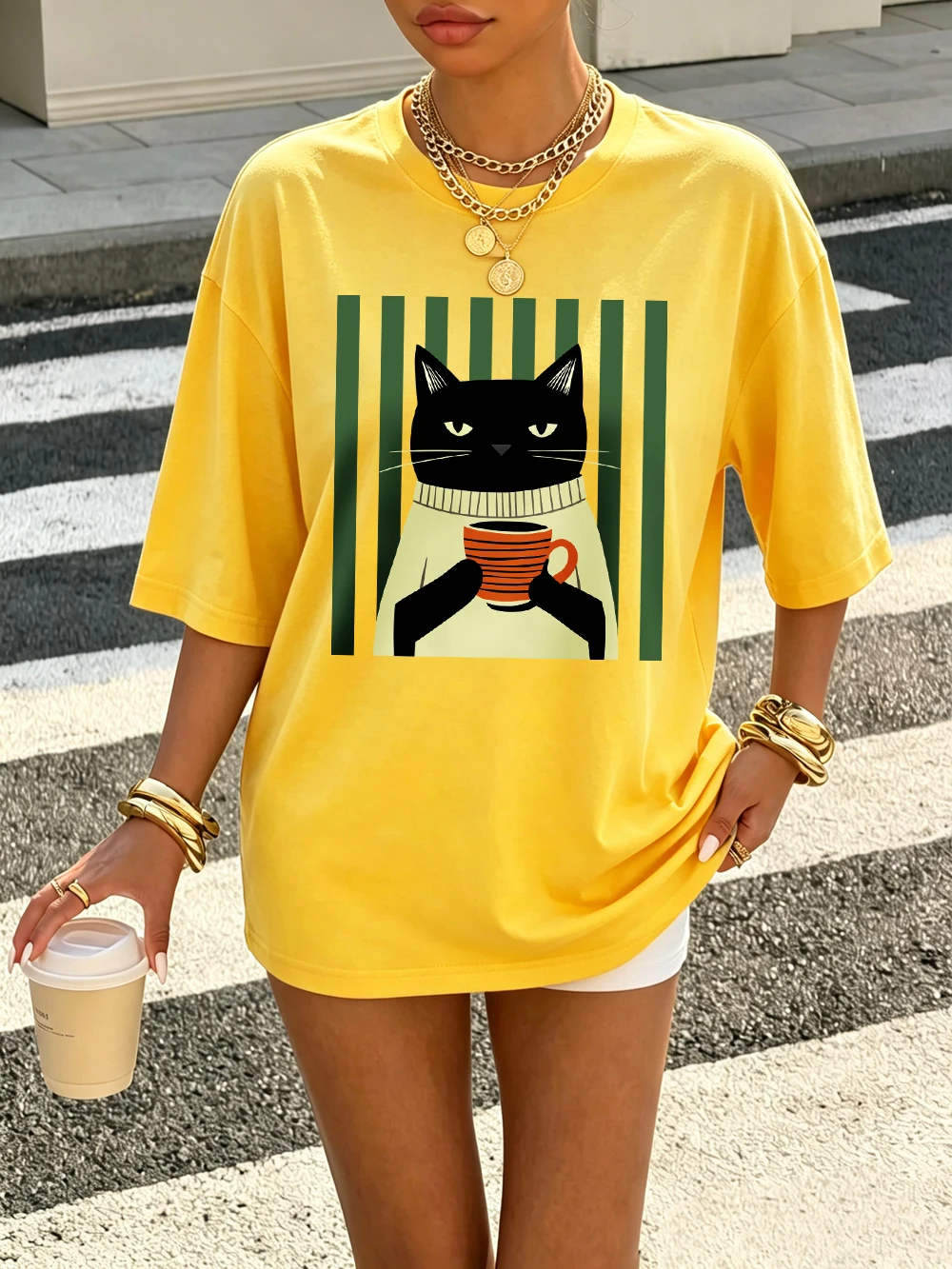 Schwarze Katze Kaffeetassen-Druck Baumwoll-T-Shirts Damen Sommer Oversized Tops Lässige Weiche Kurzarm-T-Shirts Basic O-Ausschnitt Kleidung – Detail 20