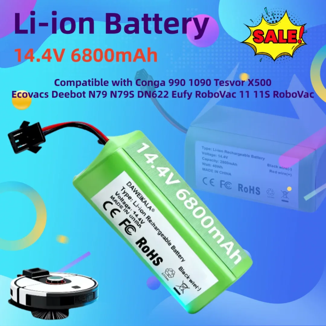

14.4V6800mAhLi-ion Battery Compatible with Conga990 1090 Tesvor X500 Ecovacs Deebot N79 N79S DN622 Eufy RoboVac 11 11S RoboV