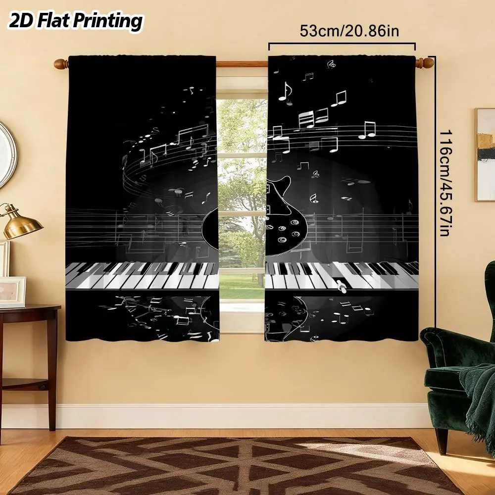 Black Music Curtain Drapes Window Covering Pop Art Guitar Piano Notes Concert Style Modern Home Decor Room Divider Acoustic