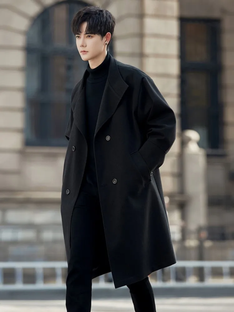 

Men's Mid-Length Woolen Coat Double-Row Button Ele Casual Sle Windbreaker Spring Autumn Seasonal Long Modern Sle Coat