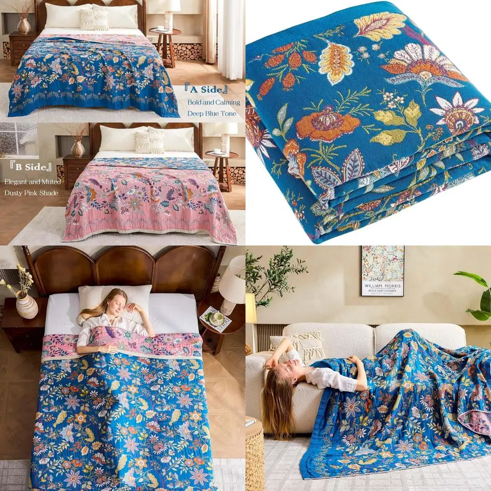 

Двустороннее одеяло из синего богемного хлопкового муслина, 90x98 для дивана, стиль фермерского дома