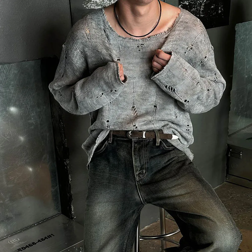 الرجال بلون ممزق بأكمام طويلة تي شيرت الأمريكية الرجعية موضة الاتجاه شارع العليا فضفاض عادية تنفس المتخصصة الرجال بلايز