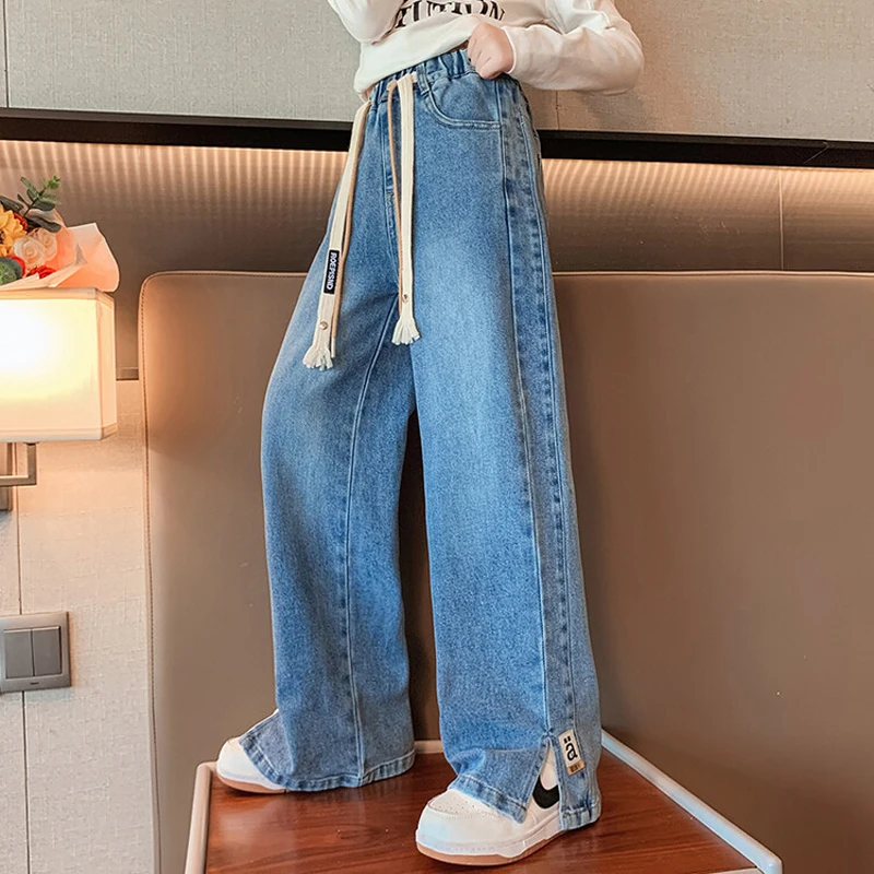 

New Arrival Jeans Pant for Big Girls Korean Cotton Blue Denim Trousers Spring Autumn Wide Leg Pure Color Pants with Belt 2023