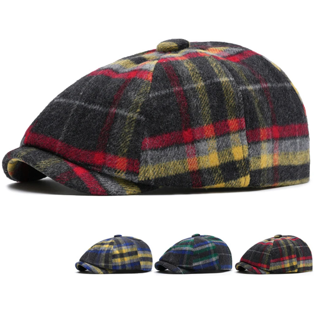 

HT4489 Berets Men Women Autumn Winter Wool Beret Hat Artist Painter Flat Cap Hat Female Male Colored Plaid Octagonal Beret Cap