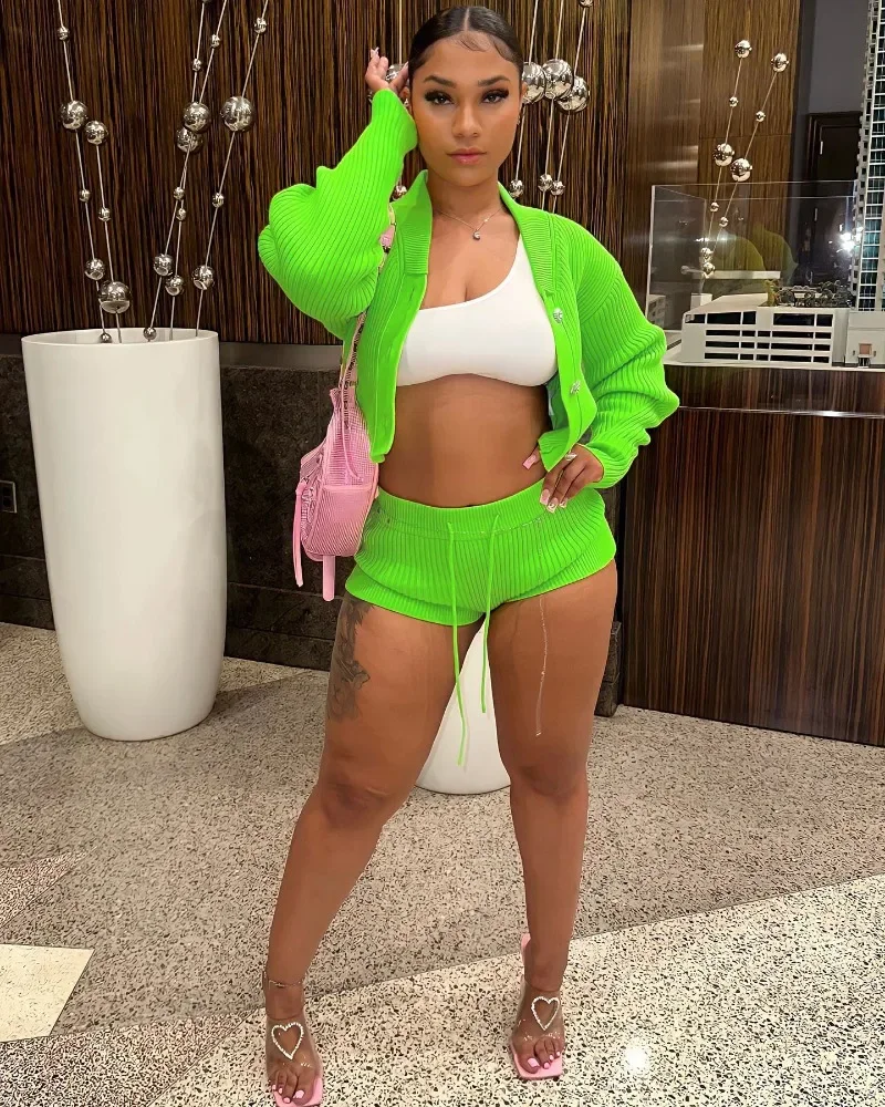 

Женский трикотажный спортивный костюм KEXU, Повседневный свитер с пуговицами и шорты, комплект из двух предметов, уличная одежда на осень