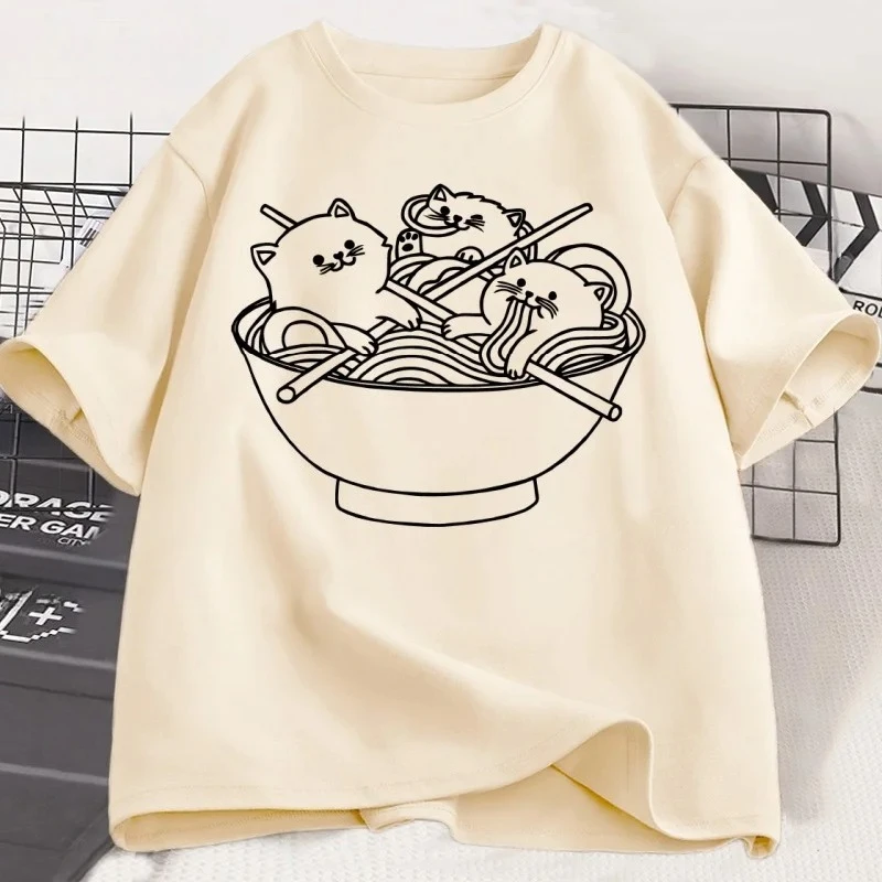Japanese Style Cat Ramen T-Shirt Short Sleeve Kawaii Anime Tshirt Ramen Kitten Graphic Tees Cute Food Tee Shirt Clothes