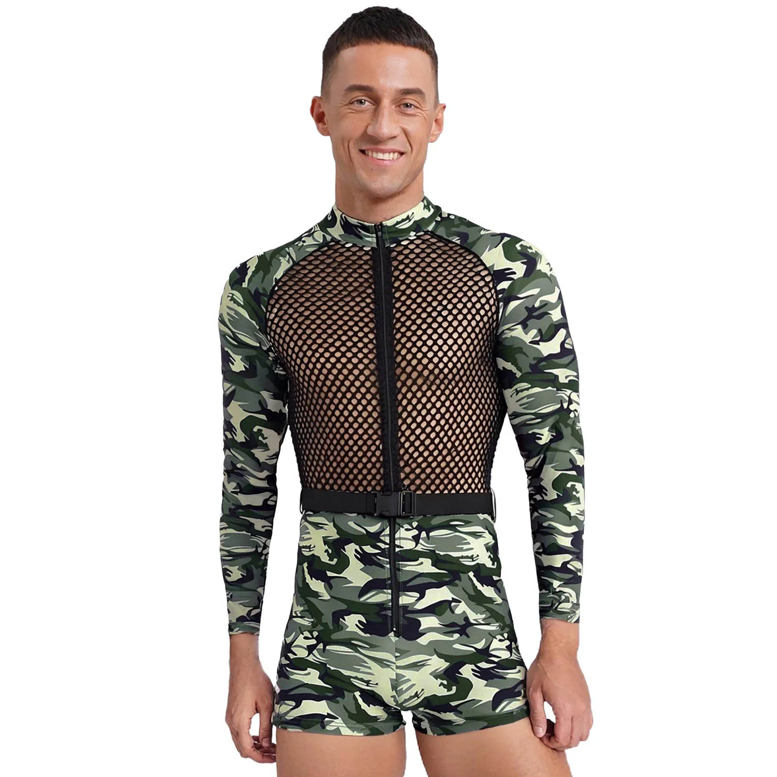 

Men Hollow Out Fishnet Patchwork Camouflage Jumpsuit Long Sleeve Bodysuit with Buckle Belt for Workout Swimming Sports Costumes