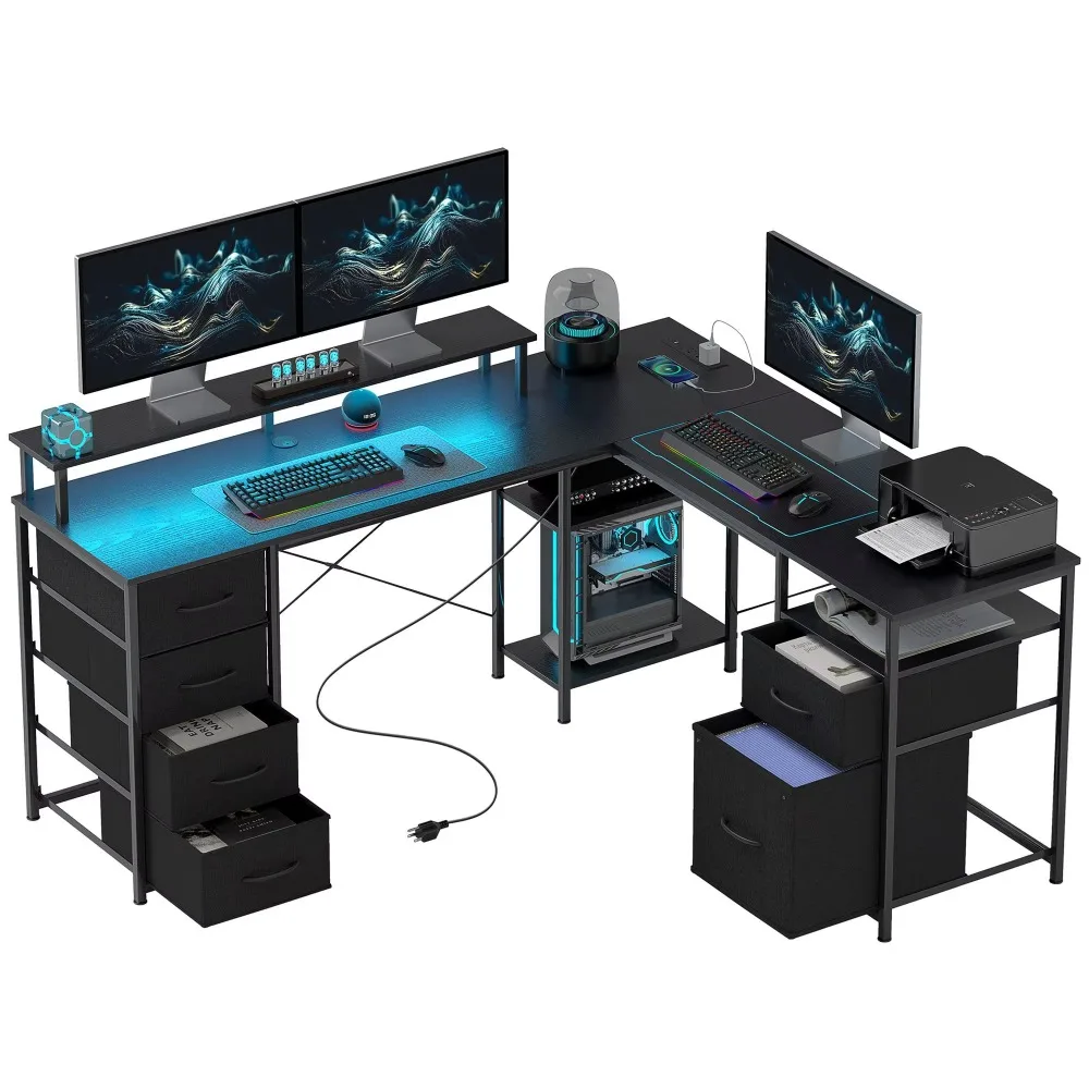 Double-sided Use L-shaped Computer Desk 66 Inches, Black Wood, with File Drawers, Power Outlets, and LED Lights