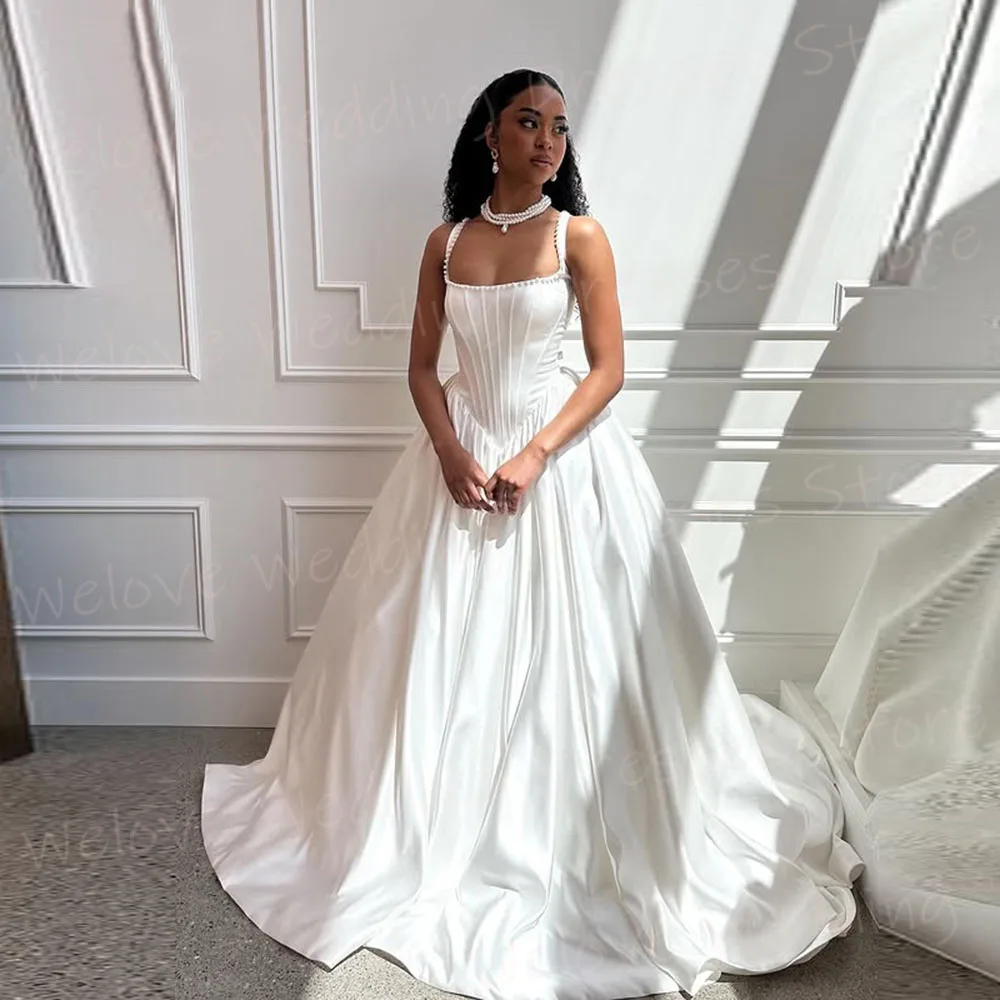 Einfache A-Linie frauen Square Neck Brautkleider Sexy Robe De Mariée Angepasst Braut Kleider Spaghetti-trägern Vestido De Novia