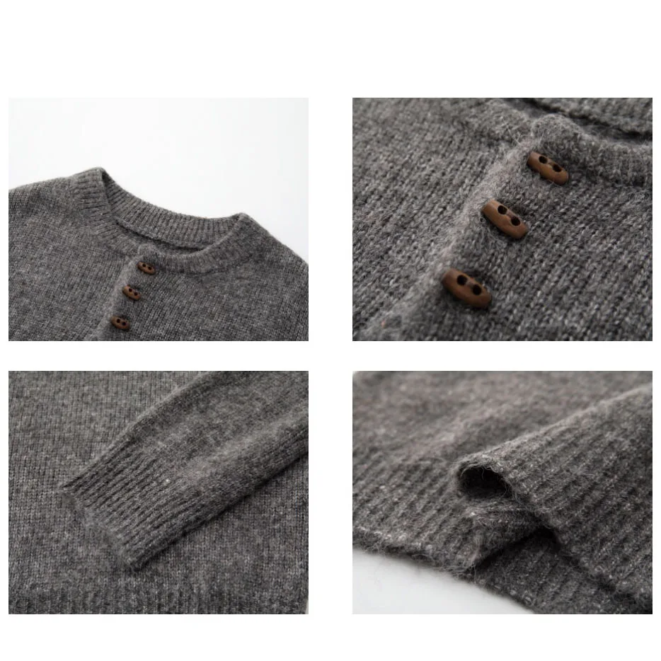 Crop Henley Sweater Wool Blend Boxy Loose Fit Jumper Women