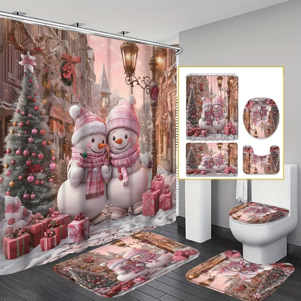 

Рождественский зимний душевой набор из 4 предметов — милый снеговик с розовым принтом, 12 крючков, нескользящий коврик, U-образный чехол на сиденье, праздничный декор для ванной комнаты