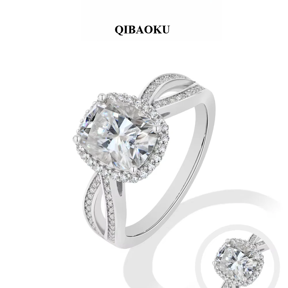 QIBAOKU Cushion 2ct Moissanites Engagement Rings Women S925 Silver 18K Gold Split Shank Wedding Band Luxury Jewelry Ring 2026