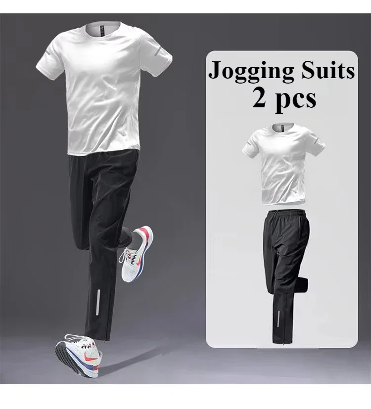 2Pcs Men's Sportswear Summer Fall Ice Silk Loose Running Training Clothes Quick Dry Breathable T-shirt Outdoor Fitness