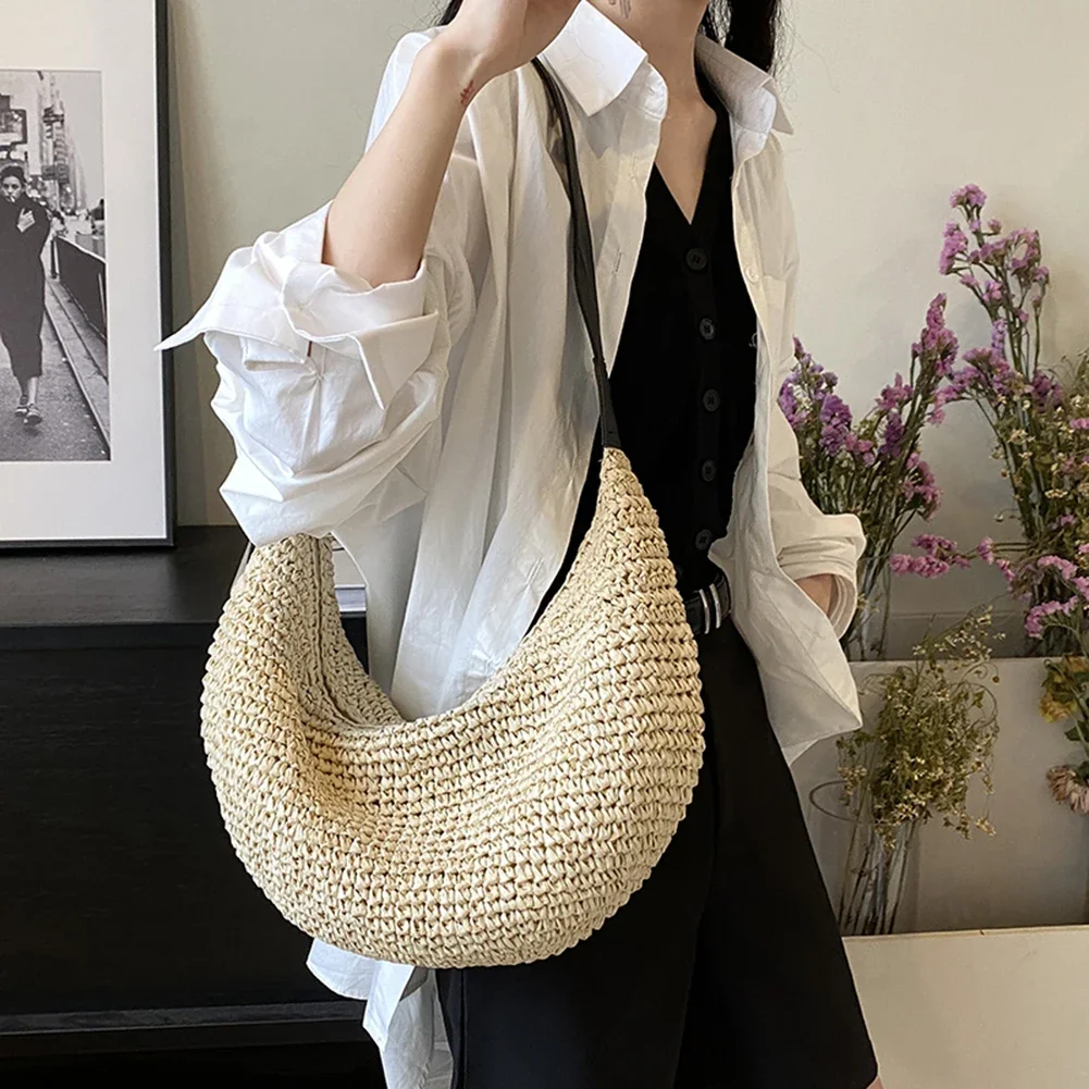 Women Straw Woven Shoulder Boho Bag 2024 Fashion Raffia Bag Summer Crochet Handbag Purses Female Handmade Rattan Crossbody Bags