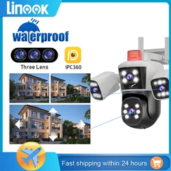 Linook 12MP, 6K, 3 lentes, cámara de monitoreo WiFi, cámara WiFi CCTV para exteriores, cámara IP, cámara de protección de seguridad PTZ