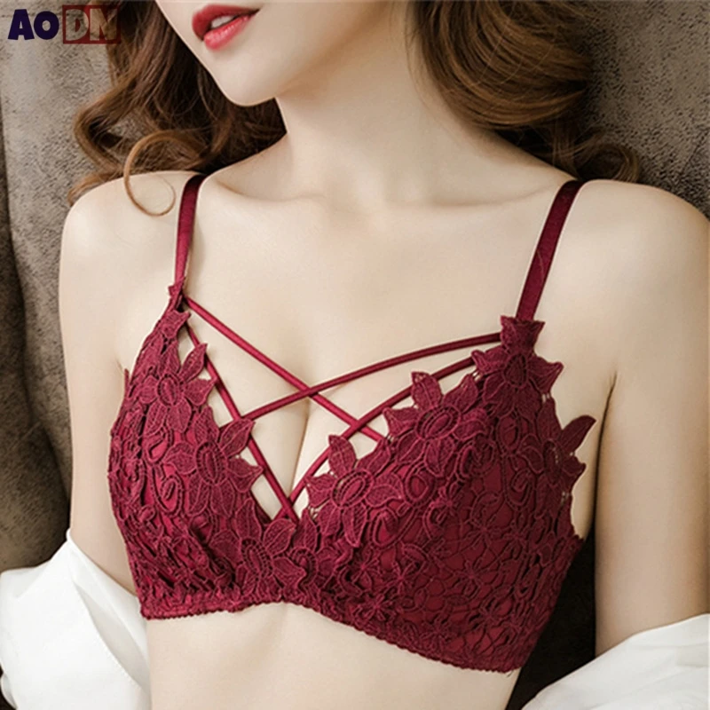 Sutiã de renda bordado fino sem costura roupa interior feminina sexy oco para fora sutiã alças ajustáveis reunidas bralette