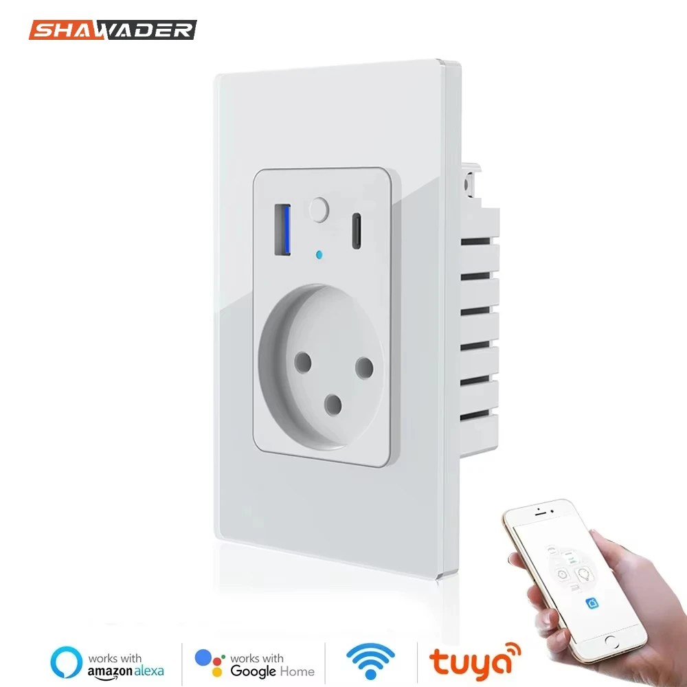 Shawader Smart Israel Wall Socket USB Type-C PD 30W Fast Charging Power Outlet Glass Panel App Voice Remote by Alexa Google Home