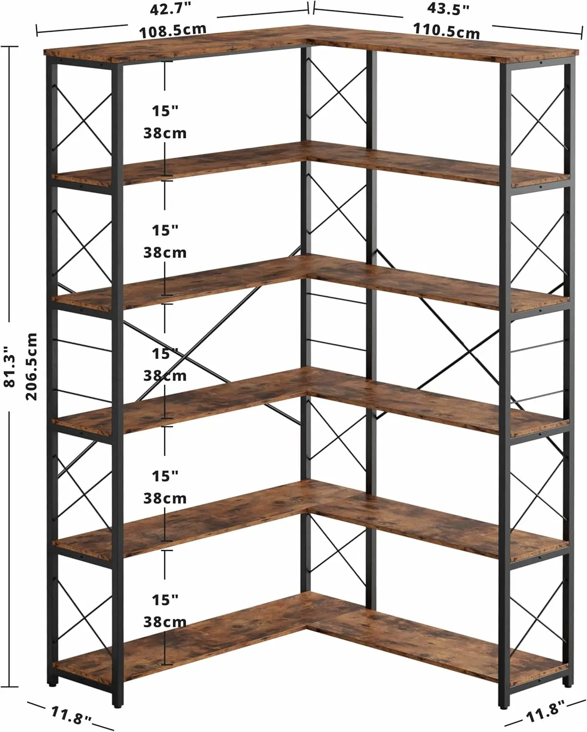 Estante de canto de 6 prateleiras, estante de canto industrial vintage, rack de armazenamento de prateleira de canto de 6 camadas com estrutura de metal para Li