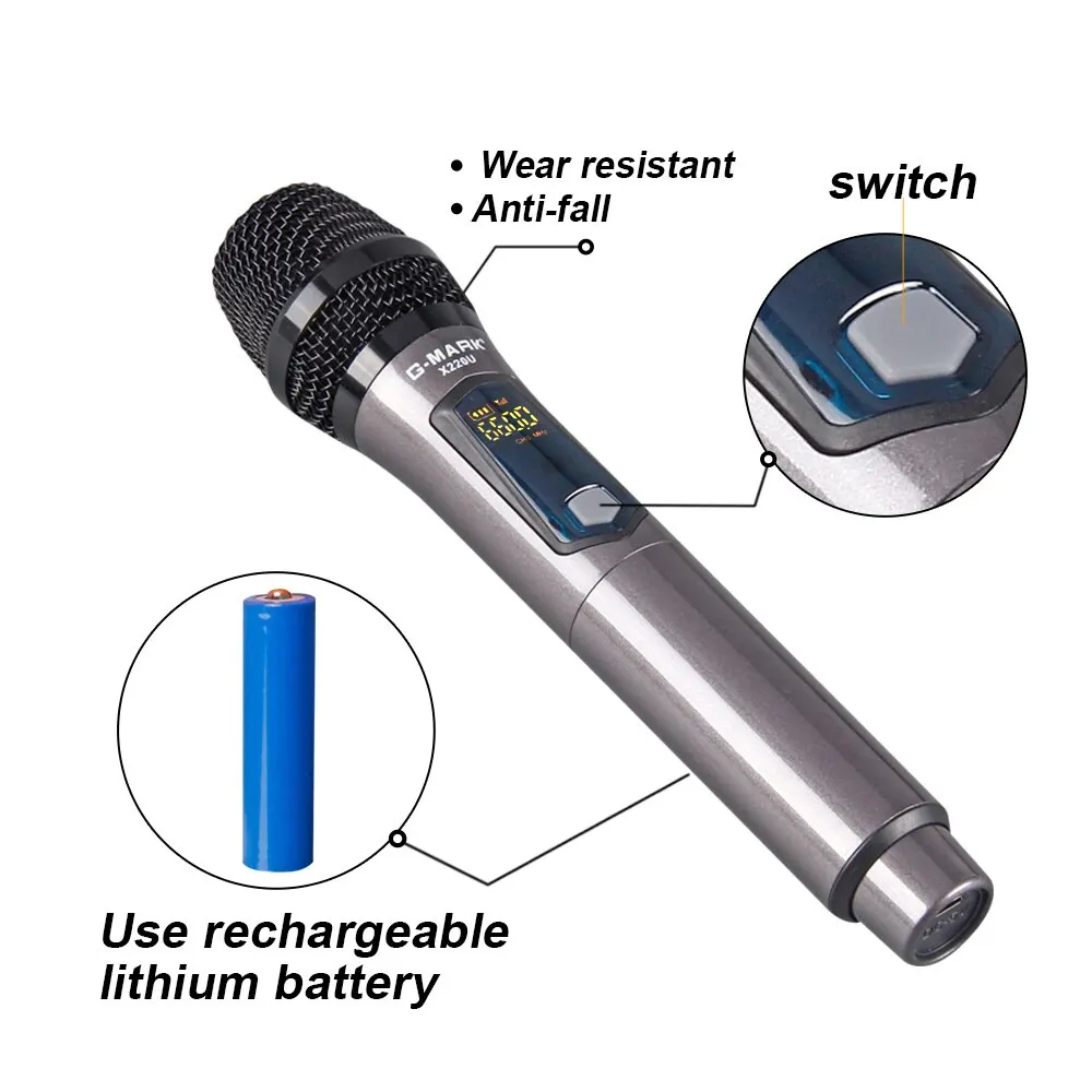 Microfono Wireless G-MARK X220U UHF registrazione microfono Karaoke con ricevitore batteria al litio ricaricabile funziona 5 ore per altoparlante