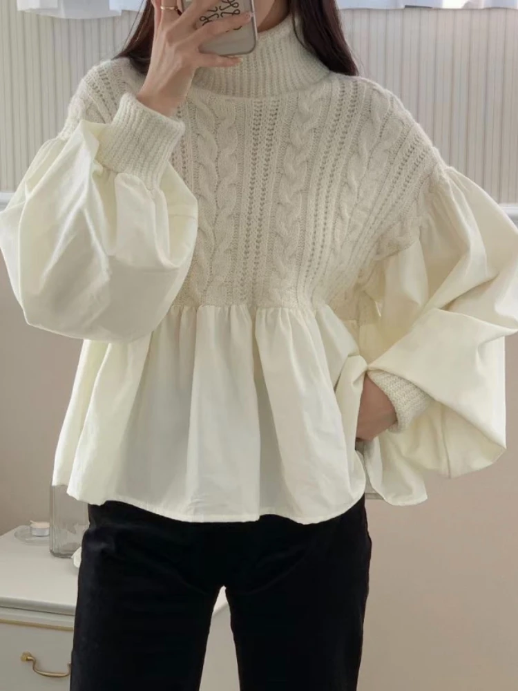 

Модный дизайн, пуловеры с оборками, лоскутная водолазка с рукавами-фонариками, однотонные свитера, универсальная элегантная женская одежда 2024, одежда