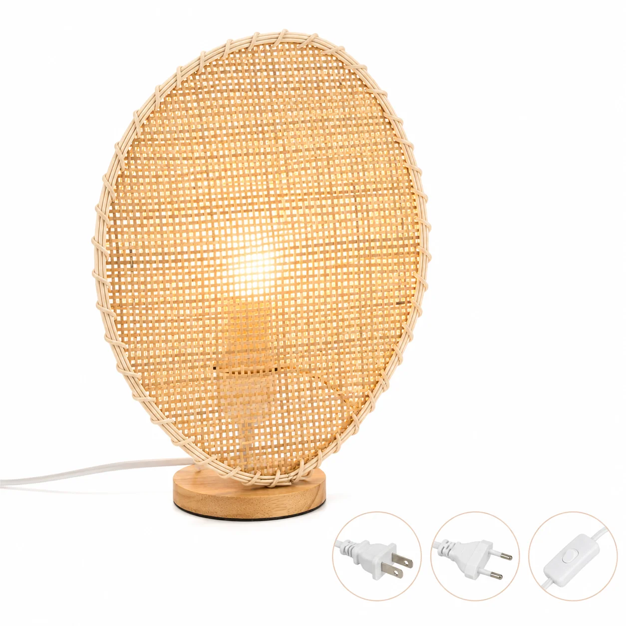 JOYINLED Natural Woven Bamboo Table Lamp, Natural Rattan Nightstand Light with EU/US Plug, Standard Switch for Bedroom Office